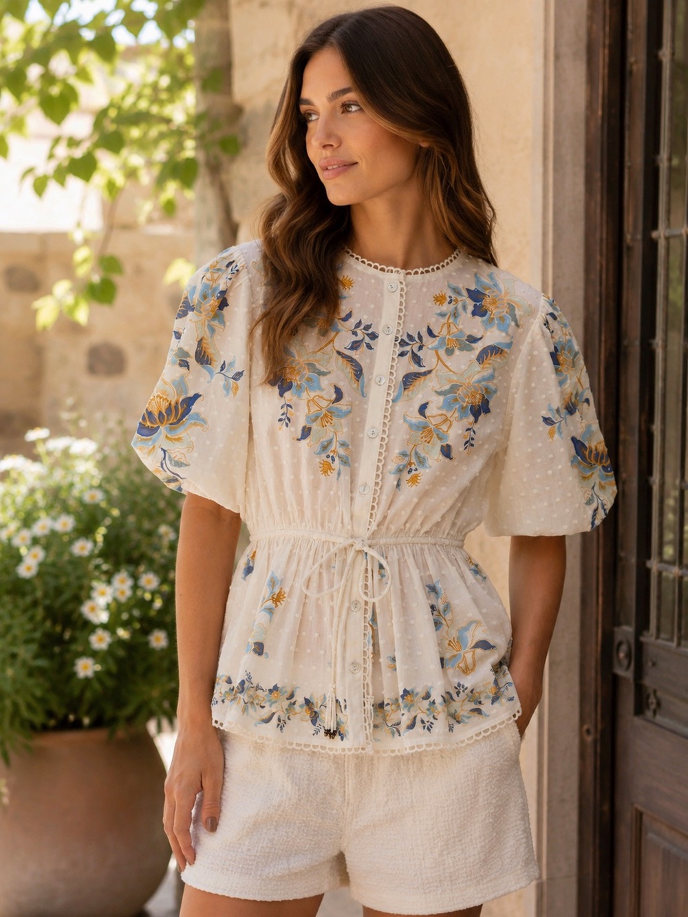 FARM Rio Mystic Blue Lotus Dreamscape Off White Blouse